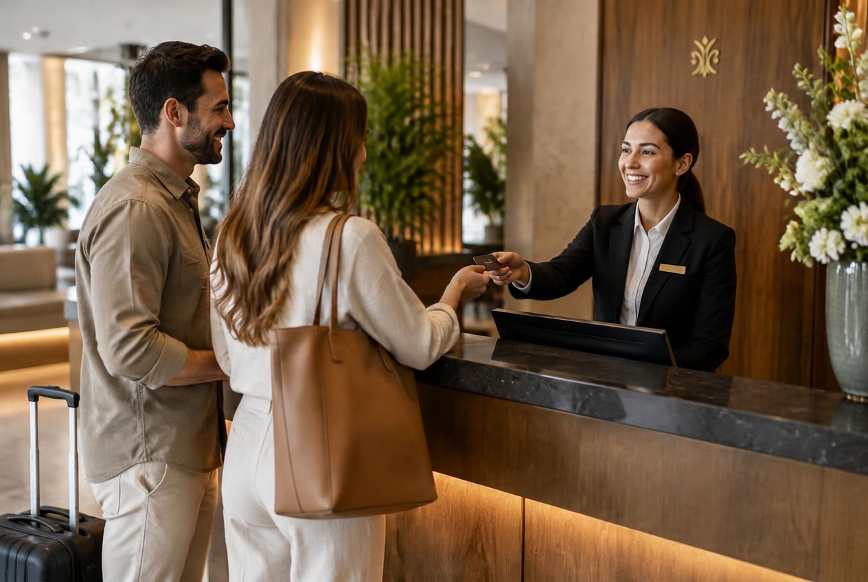 Recepcionista atendendo hóspedes no balcão do hotel